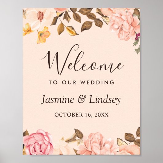 赤面金ゴールド英語フローラ結婚のウェルカムサイン ポスター (正面)