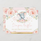 赤面金ゴールド象ベビーガールシャワーおむつラッフル エンクロージャーカード (正面/裏面)