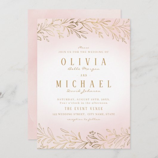 赤面金ゴールド金箔の植物優雅な結婚式 招待状 (正面/裏面)