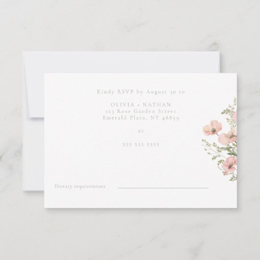 赤面&ほこりっぽいピンクワイルドフラワーズウォーター結婚カラー 出欠カード (裏面)