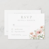 赤面&ほこりっぽいピンクワイルドフラワーズウォーター結婚カラー 出欠カード (正面/裏面)