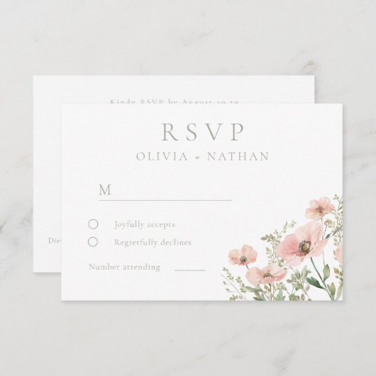 赤面&ほこりっぽいピンクワイルドフラワーズウォーター結婚カラー 出欠カード (正面/裏面)