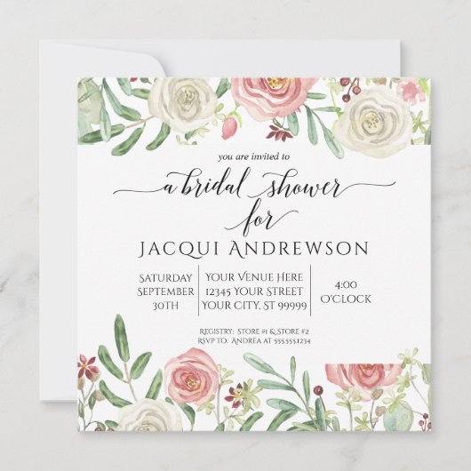 赤面·アイボリーバラフローラブライダルシャワー|正方形 招待状 (正面)