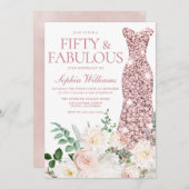 赤面&アイボリーフラワーズバラ金ゴールドガウン50誕生日 招待状 (正面/裏面)