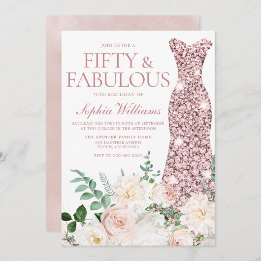 赤面&アイボリーフラワーズバラ金ゴールドガウン50誕生日 招待状 (正面/裏面)