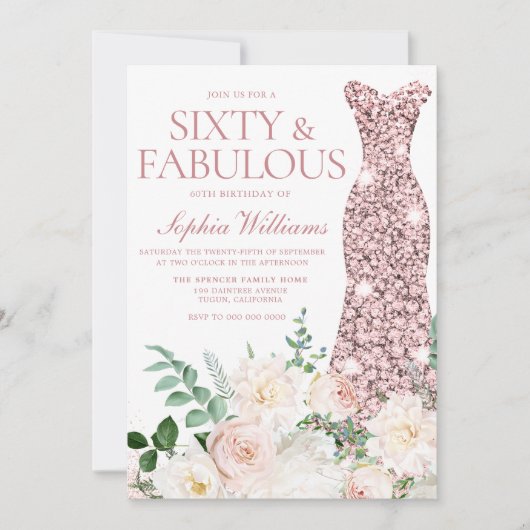赤面&アイボリーフラワーズバラ金ゴールドガウン60誕生日 招待状 (正面)