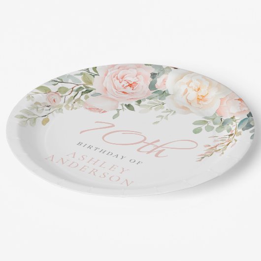 赤面&アイボリー女性70誕生祝い ペーパープレート (アングル)