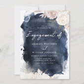 赤面&アイボリー、ネイビーウォーター色婚約パーティ 招待状 (正面)