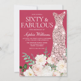 赤面&アイボリー、バラ金ゴールド&マゼンタ60誕生日 招待状