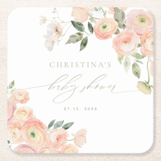 赤面&エレガントセージ緑ベビーシャワー スクエアペーパーコースター (正面)