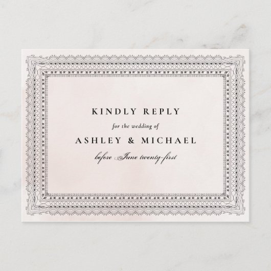 赤面&エレガントブラックウォーターカラーレースウェディングRSVP インビテーションポストカード (正面)