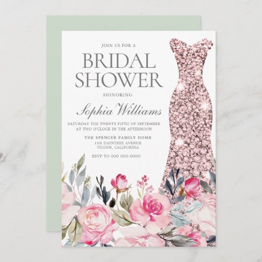 赤面&グリーン結婚リーズドレスガウンブライダルシャワー 招待状 (正面/裏面)