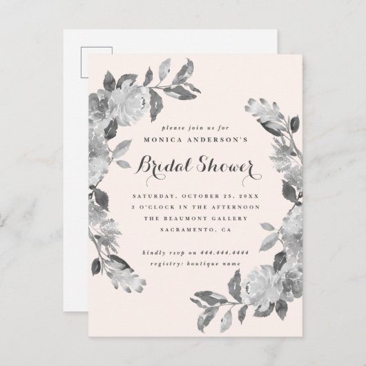 赤面&グレーウォーター色フローラブライダルシャワー インビテーションポストカード (正面/裏面)