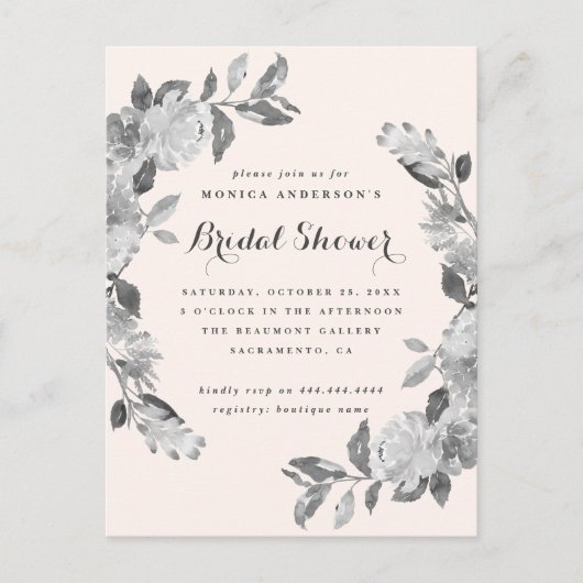 赤面&グレーウォーター色フローラブライダルシャワー インビテーションポストカード (正面)