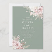 赤面、セージおよびアイボリーエレガントフローラ結婚ズ 招待状 (正面)