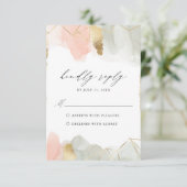 赤面&セージ水の色ジオメトリックウェディングRSVP エンクロージャーカード (スタンド正面)