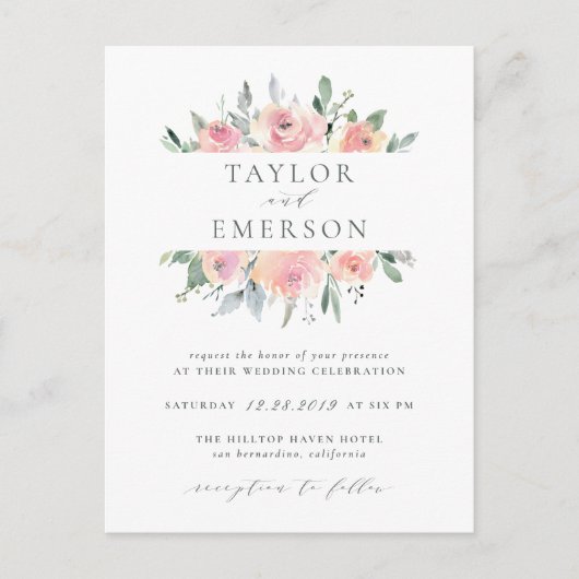 赤面&セージ水カラーフローラ結婚式招待状 インビテーションポストカード (正面)