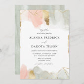 赤面&セージ水カラー金ゴールドジオメトリック結婚ス 招待状 (正面/裏面)