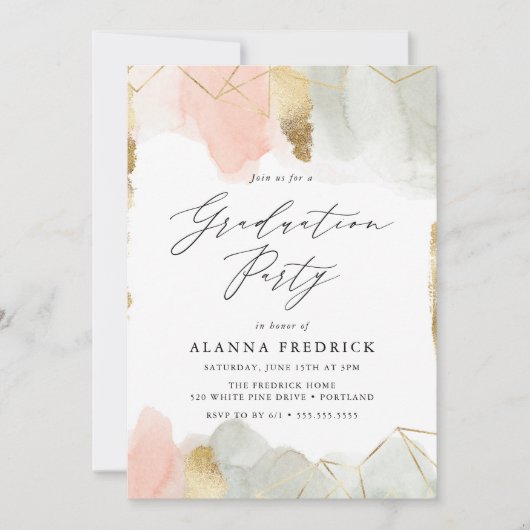 赤面&セージ水カラー金ゴールド幾何学卒業 招待状 (正面)