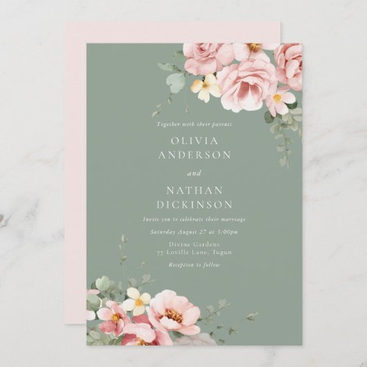赤面&セージ結婚グリーン 招待状 (正面/裏面)