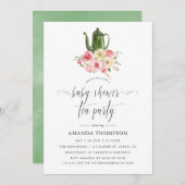 赤面&セージ緑フローラベビーシャワーティーパーティー 招待状 (正面/裏面)
