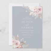 赤面、ダスティブルー&アイボリーエレガントフローラ結婚 招待状 (正面)