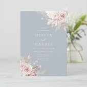 赤面、ダスティブルー&アイボリーエレガントフローラ結婚 招待状 (スタンド正面)