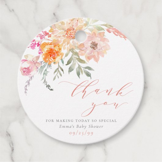 赤面&ティール(緑がかった色)春フローラベビーシャワーありがとう フェイバータグ (正面)