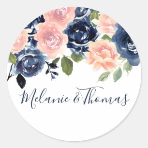 赤面&ネイビーウォーター色フローラ結婚の婚約 ラウンドシール