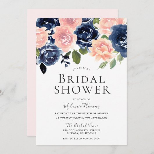 赤面&ネイビーハンドウォー色彩の鮮やかターカラーブライダルシャワー 招待状 (正面/裏面)