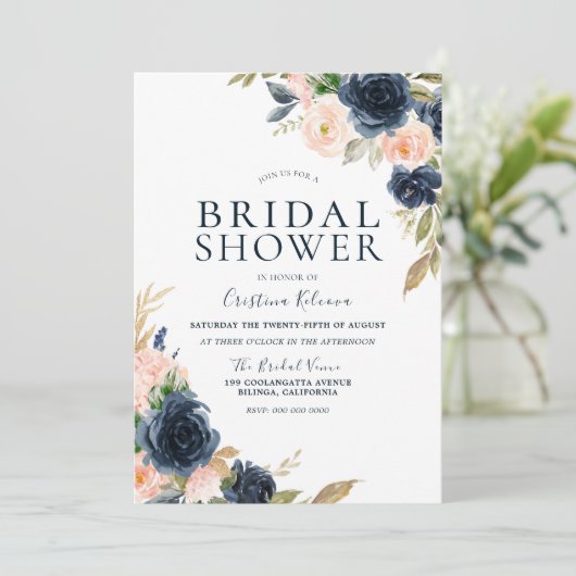 赤面&ネイビーピーチフラワーズブライダルシャワー 招待状 (スタンド正面)