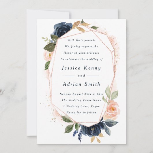 赤面&ネイビーフラワージオメトリックオールシーズ結婚ンズ 招待状 (正面)