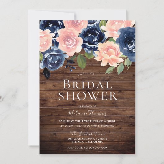 赤面&ネイビーフラワーズ素朴ウッドブライダルシャワー 招待状 (正面)