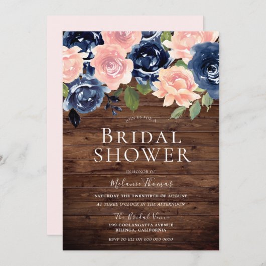 赤面&ネイビーフラワーズ素朴ウッドブライダルシャワー 招待状 (正面/裏面)