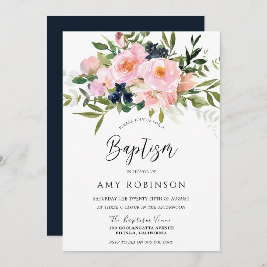 赤面&ネイビーフラワーベビーガールバプテスマ 招待状 (正面/裏面)