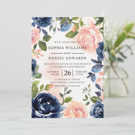 赤面&ネイビー手色彩の鮮やか水色フローラ 招待状 (スタンド正面)