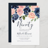 赤面&ネイビー水彩第90位90誕生日 招待状 (正面/裏面)