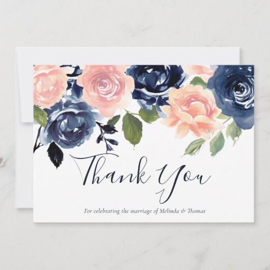 赤面&ネイビー水彩花結婚の花またはイベント サンキューカード (正面)