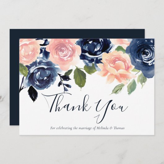 赤面&ネイビー水彩花結婚の花またはイベント サンキューカード (正面/裏面)