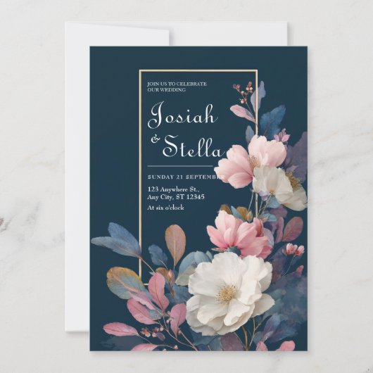 赤面&ネイビー水色フローラ結婚ズ 招待状 (正面)