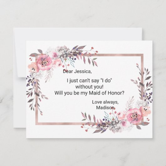 赤面&バラ金ゴールドが私のメイド・オブ・オーナー(花嫁付き添い人) 招待状 (裏面)