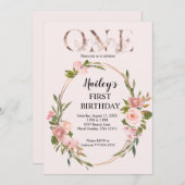 赤面&バラ金ゴールドフローラファースト誕生日 招待状 (正面/裏面)