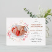 赤面&バラ金ゴールド幾何学フローラ聖餐式 箔招待状 (立ち正面)