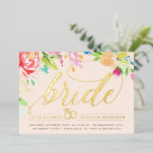 赤面 |バラ&金ゴールドダイヤモンドリングや輪ブライダルシャワー 箔招待状 (立ち正面)