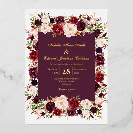 赤面&バーエレガントグンディバラフローラブーケ金ゴールド 箔招待状 (正面)