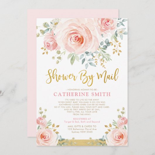 赤面·ピンかわいらしク·フローラ·ガール·ベビー·シャワー·バイ·メール 招待状 (正面/裏面)
