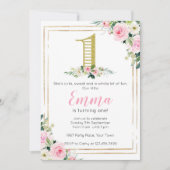 赤面·ピンクと金ゴールド·フローラ·ガールズ1歳の誕生日 招待状 (正面)