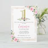 赤面·ピンクと金ゴールド·フローラ·ガールズ1歳の誕生日 招待状 (スタンド正面)