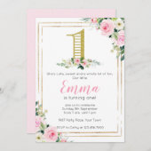 赤面·ピンクと金ゴールド·フローラ·ガールズ1歳の誕生日 招待状 (正面/裏面)