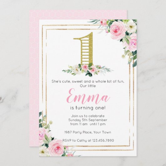 赤面·ピンクと金ゴールド·フローラ·ガールズ1歳の誕生日 招待状 (正面/裏面)